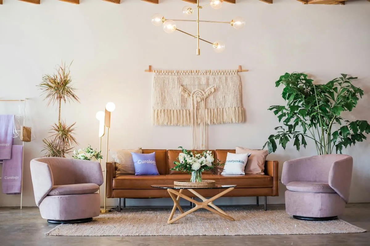 Bright living room with natural-toned furnishings