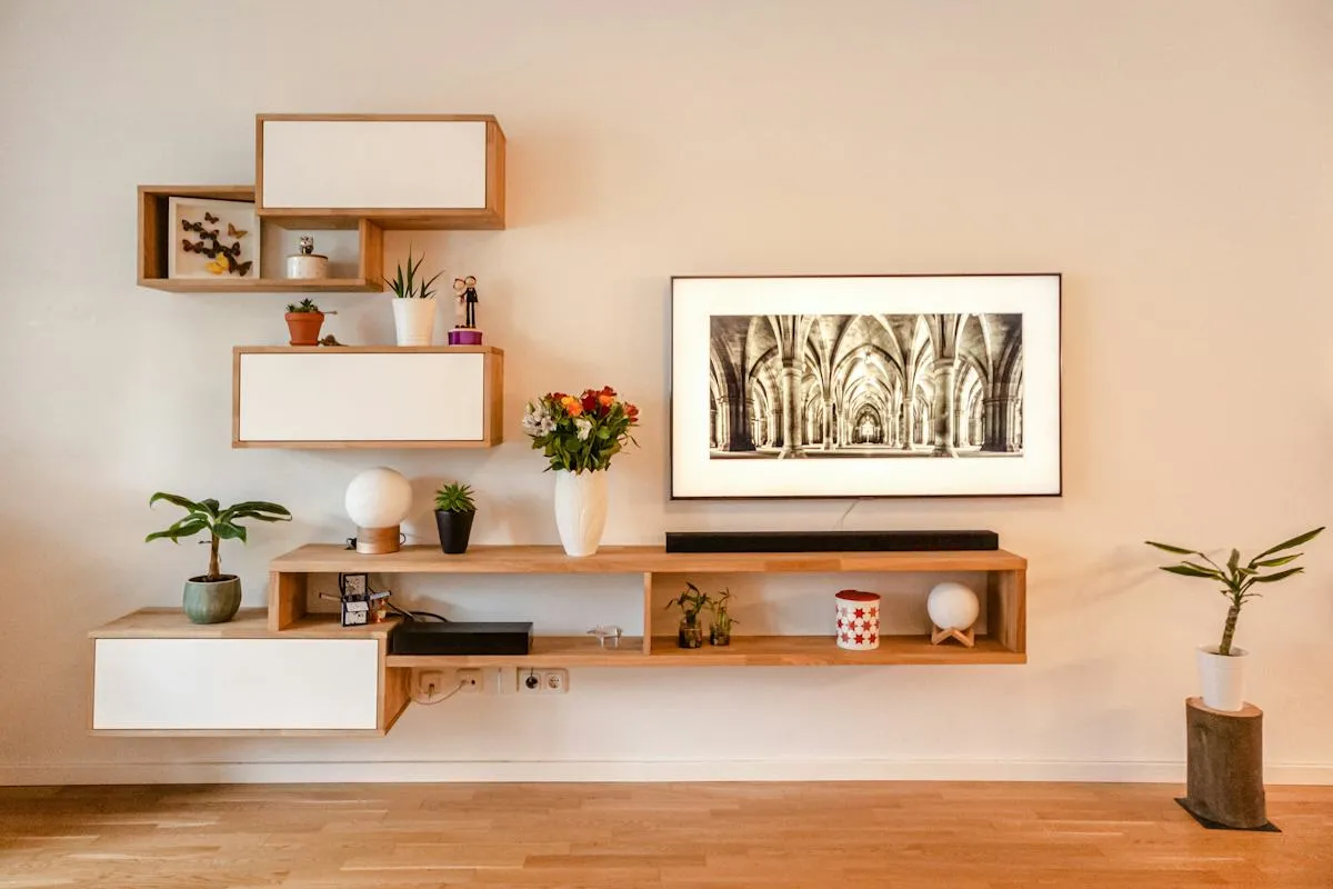Bespoke shelving and timber furniture in a living room