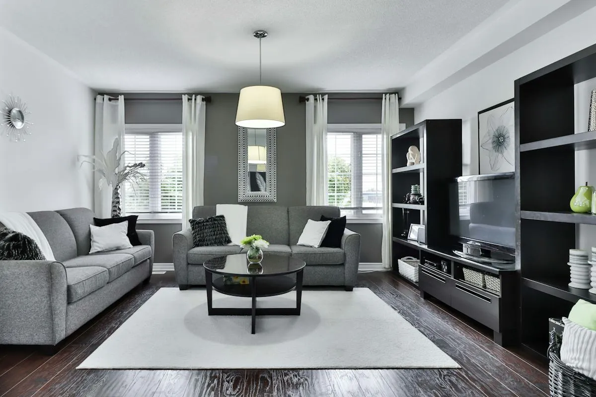 Open-plan grey interior with contemporary seating