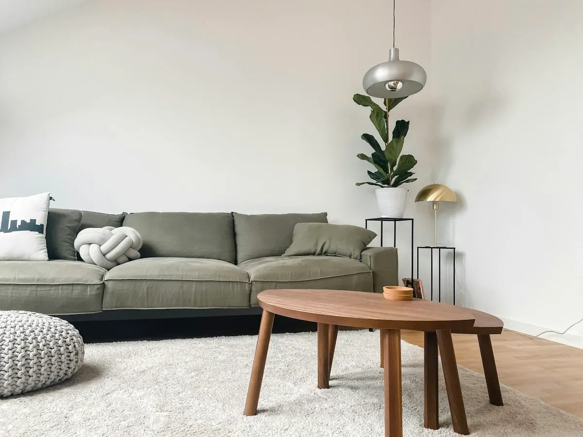 Calm contemporary living room with grey sofa