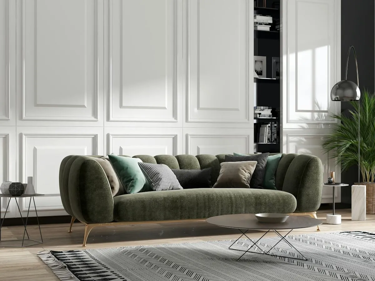 Elegant lounge with green sofa and built-in furniture
