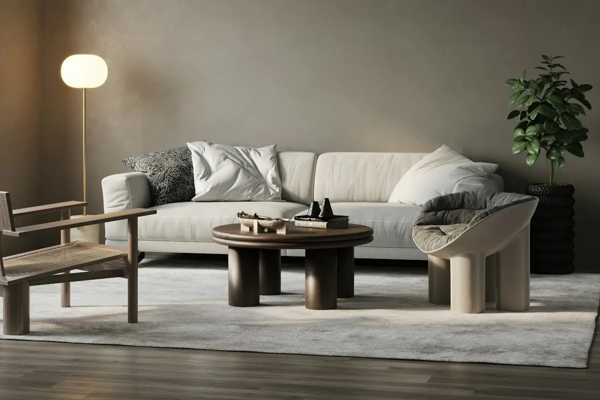 Neutral-toned interior with sculptural furniture